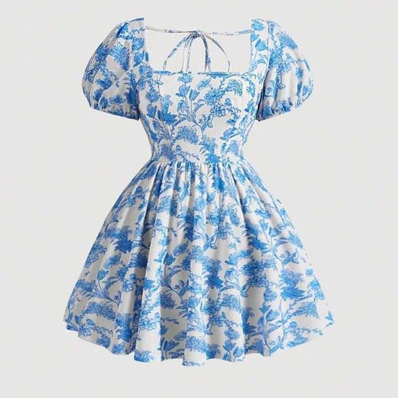 Blue Floral Puff Sleeve Cottagecore Mini Dress - Picture 1 of 6
